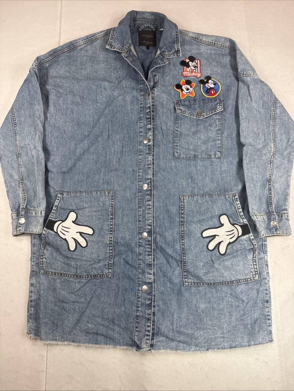 Rare Zara x Disney Mickey Mouse Denim Long Duster Jacket Coat w/ Patches Medium
